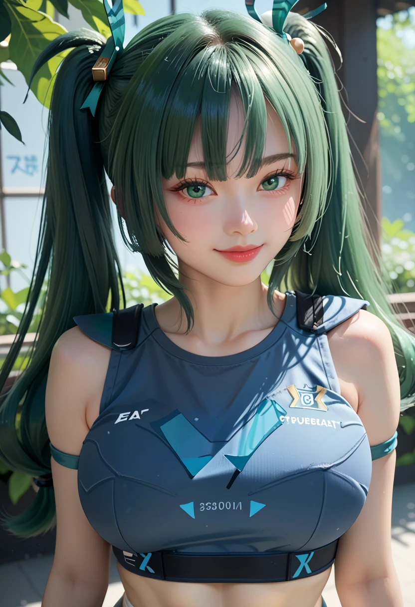 score_9_up,score_8_up,score_7_up,ZZZ_QY,1girl,solo,
green eyes, big breasts, sexy smile, looking at the viewer  best quality, green hair, twintails, long hair, navel, close-up, blue midriff.