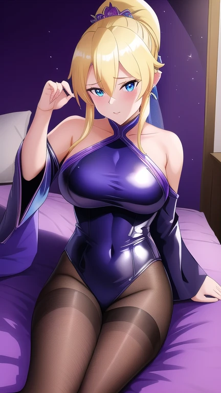   erotic、Leafa、 BLUE ARCHIVE、 blonde ponytail、Big Breasts, Alone, Queen、latex ninja costume、 ami tights、 Off Shoulder , fishnet stockings 、サイハイブーツ, blue eyes、  top quality ,  detailed face ,  detailed eyes,  high res,、 Evil Evil Female Executive、A melting expression、 cheeks red、Cold look、 sexy poses、Fallen into evil、Fall into Darkness、Alluring、Dark Side、lure、Estrus、Japanese-style bedroom with purple neon lights