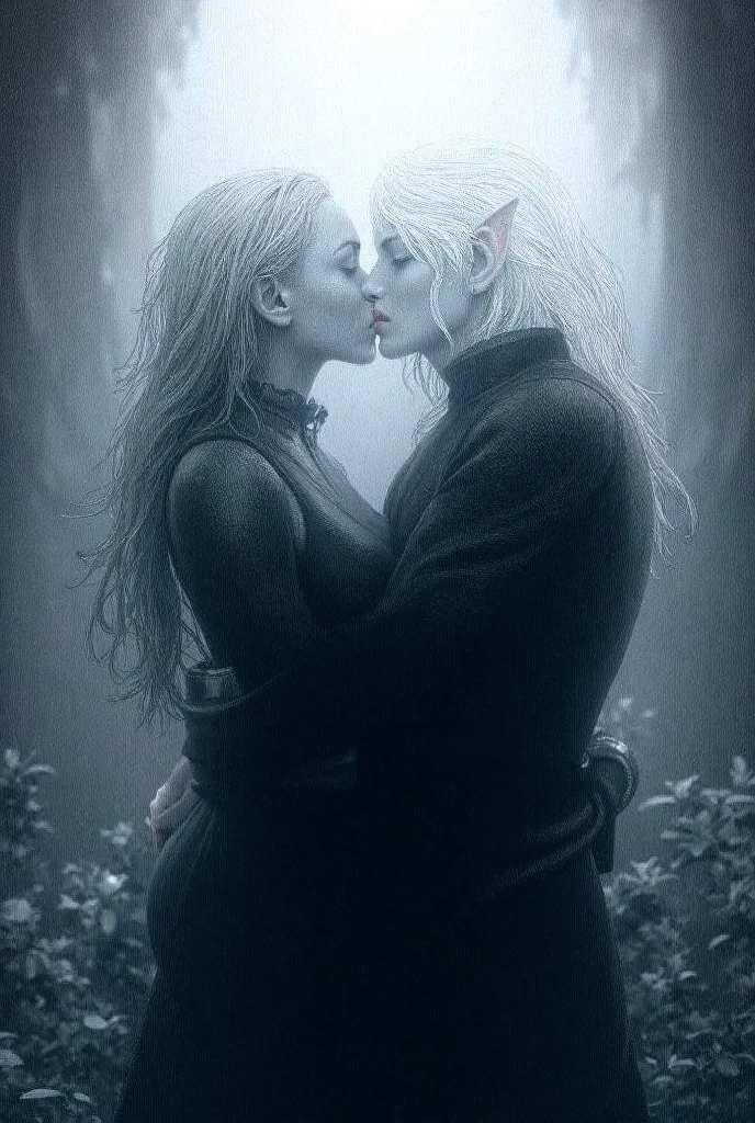 Girls.with white hair, hugging each other in anime style
