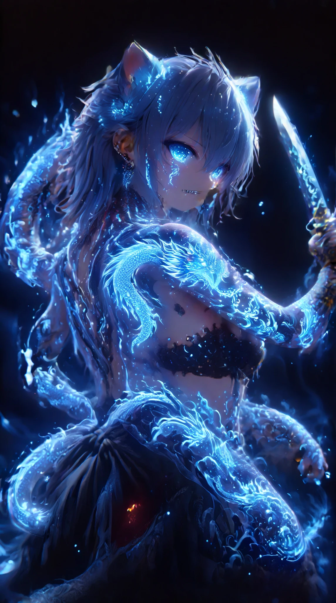 1人の pretty girl、 Masterpiece、 top quality，8K quality、 very aesthetic、 super high resolution 、 Chinese clothes、Cat ears、tail、 pretty girl、Cute、Beauty、beautiful、Tattoo、Earrings、Full body tattoo、aura、 very sexy、lure、 Japanese long sword 、Draw your sword、dragon、Lightning、pierce、many pose,6 pack abs、 Muscular、thunder、 Satu Stance、duel、Draw your sword、Sword fight、gauntlet、Rapidfire、Ambition、slash、Double teeth、adult、long sword