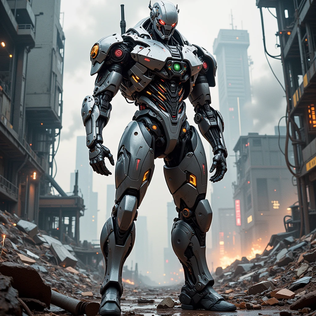 (Create a 15-foot cyborg warrior standing in the ruins of a futuristic industrial battlefield, exuding power and advanced technology.)

Head:
A sleek helmet-like structure with a semi-transparent visor reveals glowing, shifting eyes (red, orange, yellow) that intensify with activity. Delicate antennae and sensory nodes protrude, highlighting its heightened awareness.

Torso:
Reflective alloy plates cover the chest, with glowing seams and holographic panels displaying system diagnostics and combat data. Beneath the armor, exposed hydraulics, glowing power cores, and energy conduits hum with life.

Arms:
Massive arms with articulated mechanical fingers feature retractable energy blades and built-in lasers. Exposed joints showcase glowing cables and intricate mechanics, blending precision and brute force.

Legs:
Reinforced, hydraulic-powered legs provide agility and strength, supported by magnetic stabilizers in the feet for balance. Shock-absorption mechanisms highlight its ability to leap great distances. Neon lines flow through segmented armor, accentuating its biomechanical sophistication.

Environment:
The backdrop is a devastated industrial landscape—crumbling skyscrapers, fractured machinery, and swirling smoke. Flickering sparks illuminate twisted debris, and the faint hum of malfunctioning grids creates an eerie atmosphere.

Details:
The cyborg, scarred with battle marks, emits a faint energy shield. Its glowing seams and pulsing cores stand out amidst shattered constructs, narrating a tale of destruction and resilience.