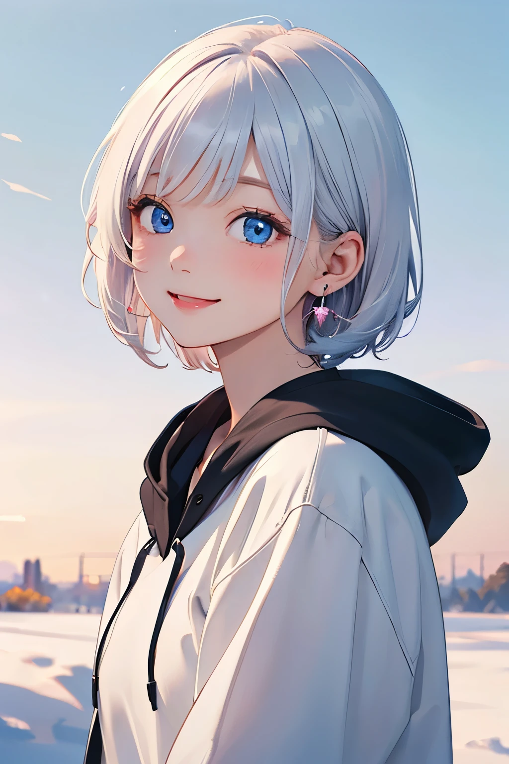 (8K、highest quality、masterpiece:1.2)、Super detailed、super resolution、Realistic、1girl, snowwhite hair, short hair, sky_blue eyes, light blush, smile, clean skin, happy face, wearing hoodie, wearing ribbon, small earrings, portrait, full body portrait