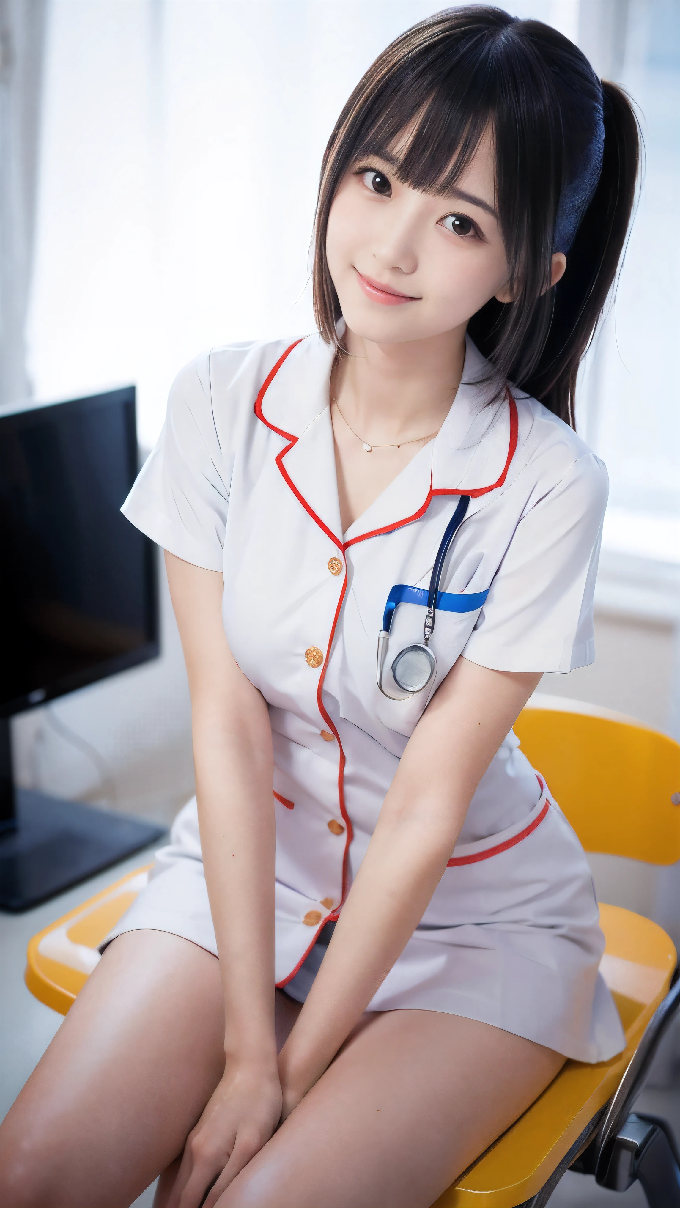 (Close-up face shot of one slender small breasts two side up black medium hair with bangs girl in a white nurse uniform:1.5)、(One nurse measuring blood pressure in the hospital room with small smile:1.5)、(blurred background:1.5)、(Natural light:1.5)、(High-key photo:1.5)、(8k ultra detailed master piece:1.5)、(perfect anatomy:1.5)、(Photorealistic stick:1.5)、(Raw photo:1.3)、(highest quality:1.5)、(High resolution:1.3)、(Delicate and beautiful perfect face:1.3)、(Delicate and beautiful eye air skin:1.3)、(Real Human Skin:1.3)、((thin legs))