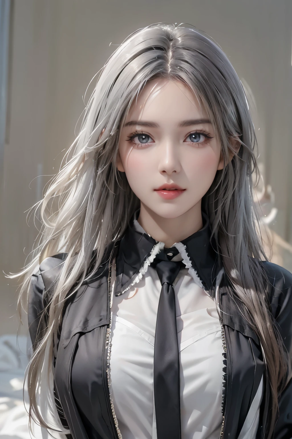 Photorealistic, high resolution, 1 Women, Solo, Waist up, Beautiful eyes, Close lips, Detailed face, White hair, Long hair, Collared shirt, black necktie,Black skirt, pencil skirts, Fur coat, Stockings