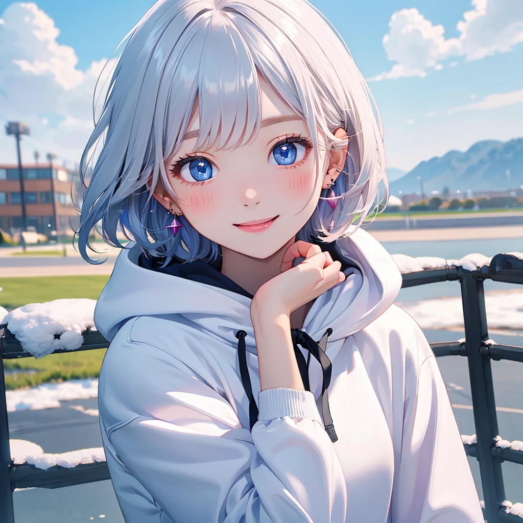 (8K、highest quality、masterpiece:1.2)、Super detailed、super resolution、Realistic、1girl, snowwhite hair, short hair, sky_blue eyes, light blush, smile, clean skin, happy face, wearing hoodie, wearing ribbon, small earrings, full body shown, portrait