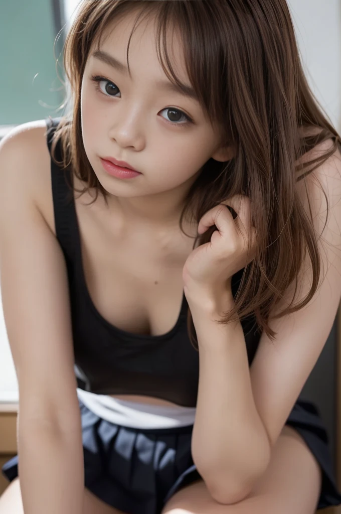 (best quality, masterpiece, 16k, ultra detailed, beautiful skin, professional lighting)
A girl,、｛(school uniform,Wearing black tank top ,no bra,black supper micro panty (classroom in jr school,-yeld,斜めか