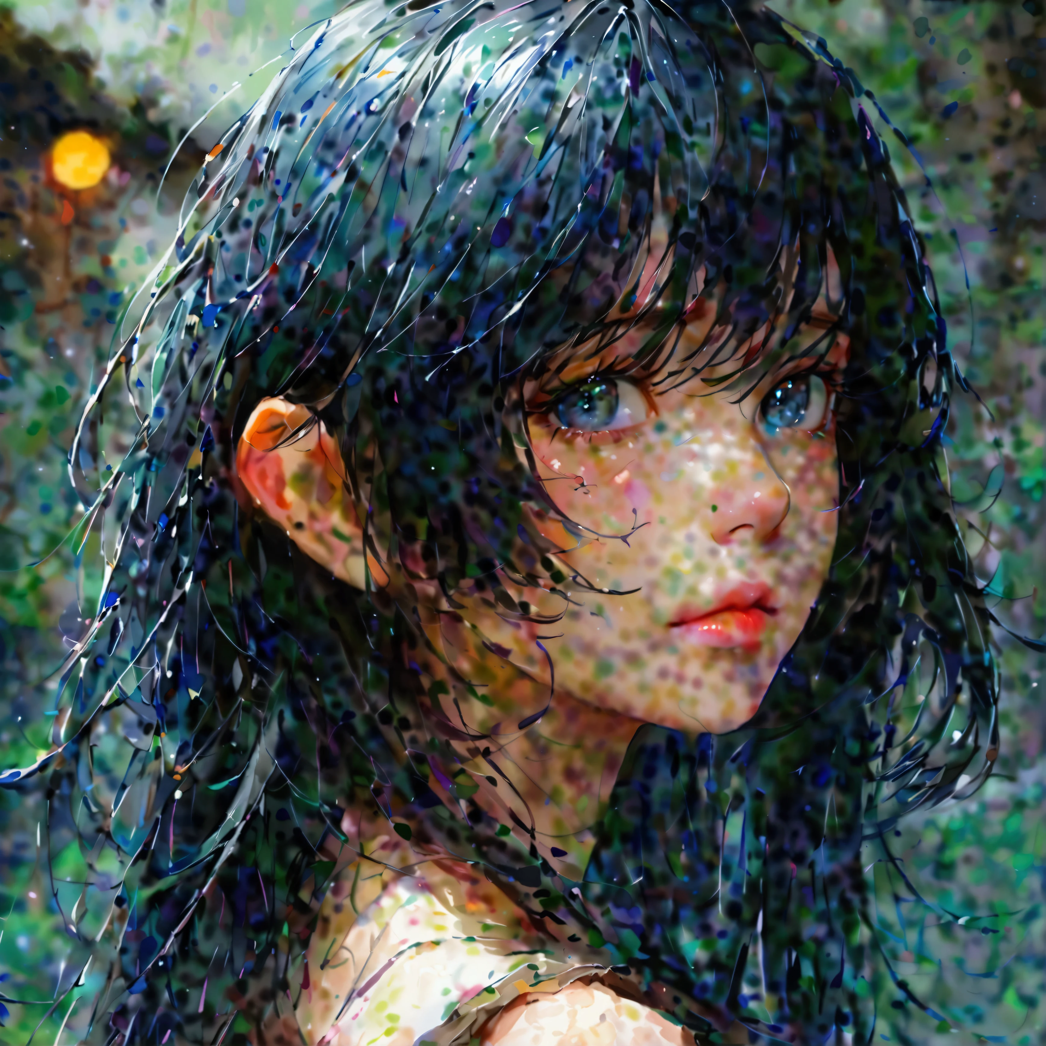 Dark Hair, with long hair, 1 girl, masterpiece, detail, Grey Blue Eyes , watercolor rendering ,8k Octagonal Rendering, simple background , close-up, Korean girl ,detail,hand drawn style