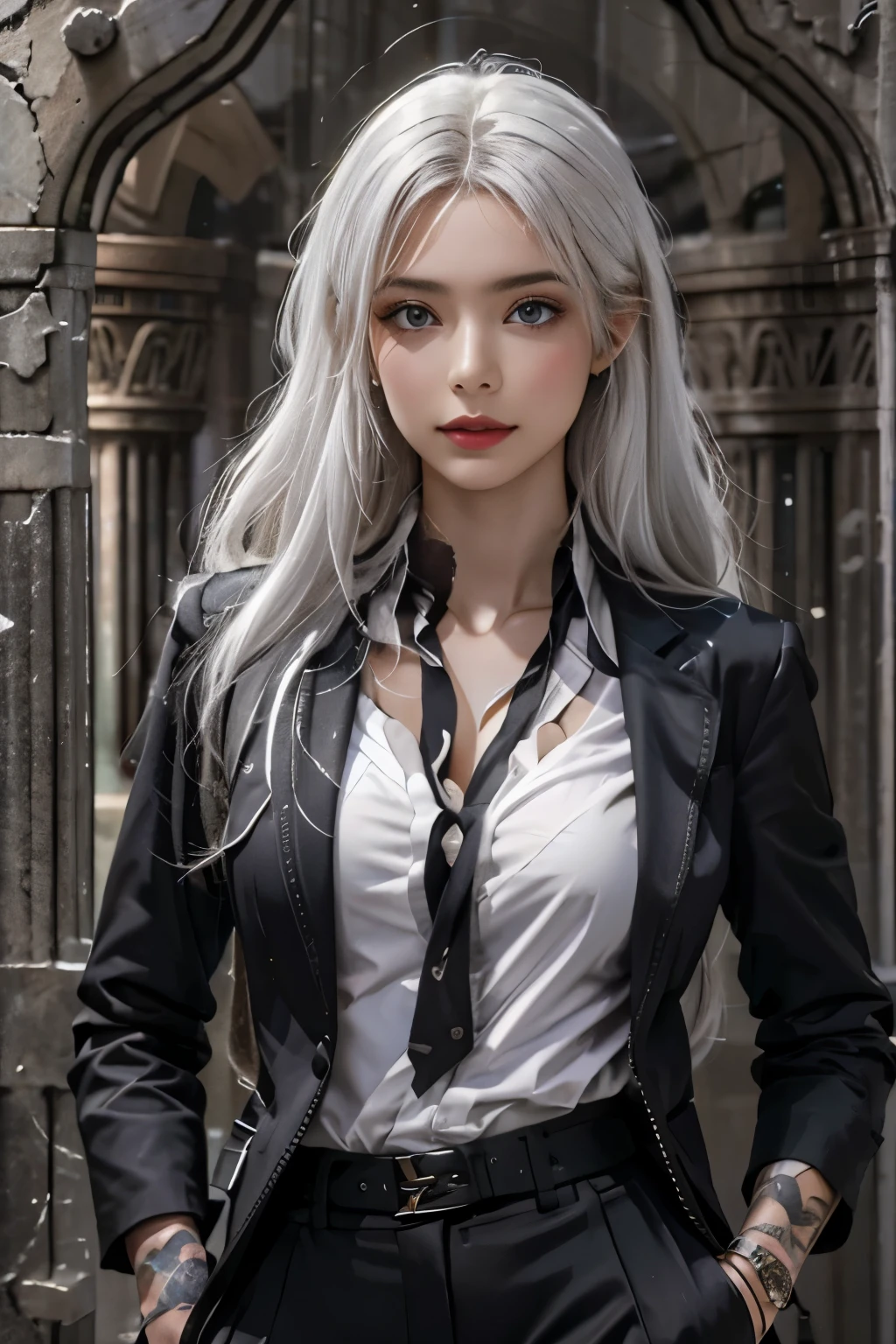 Photorealistic, High resolution, 1womanl, Solo, hips up high, look at viewr, (Detailed face), White hair, Long hair, Black business suit, Mafia, The tattoo, Jewelry