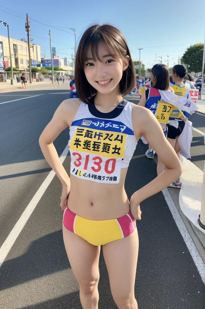 (((Japanese female elementary school student)))() ((((9-year-old girlole body写真 Full Shot Short Hair A low ponytail whole body Thighs Land athletics Racing Top Racing Shorts cute (smile) Ground Body wet with sweat Shot from between the legs Spread your legs Through the gap(Panties)I can see