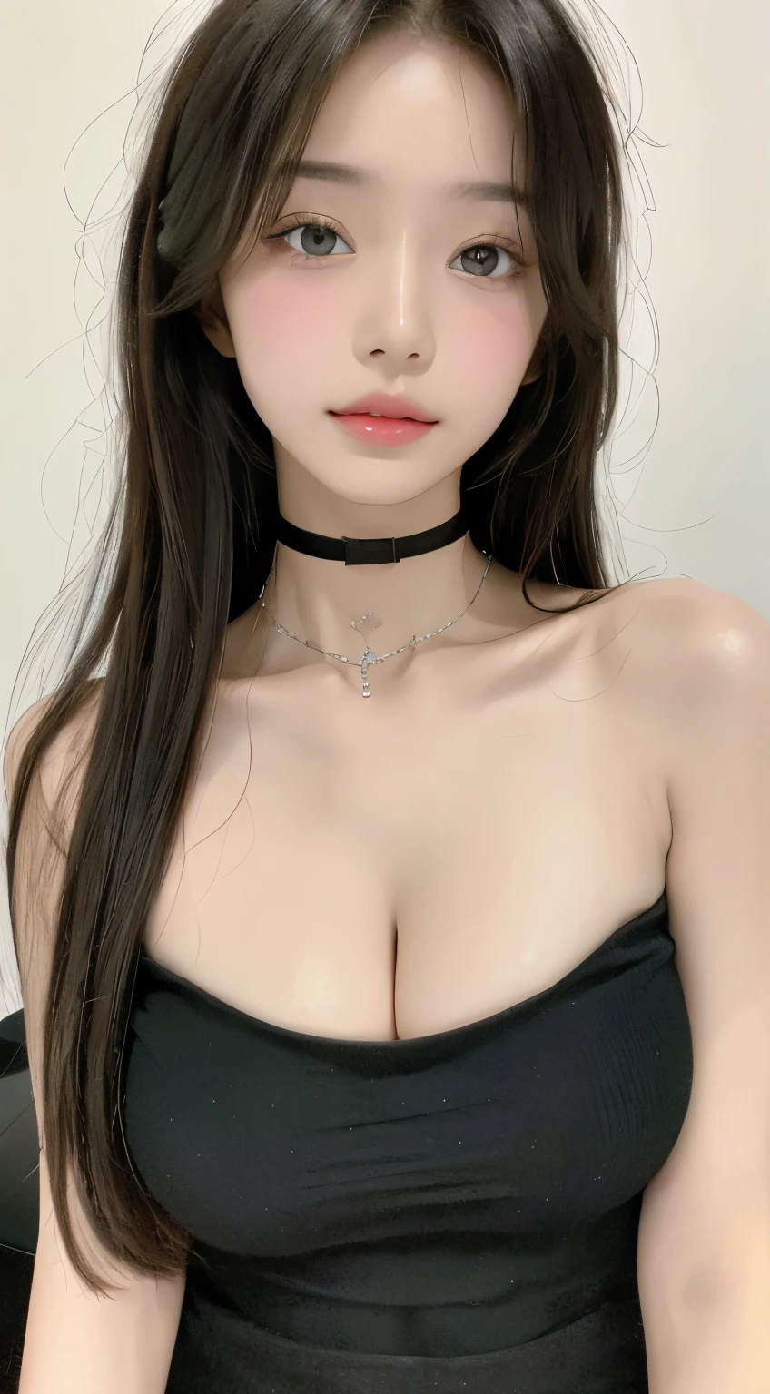 perfect figure beautiful woman：1.4，Layered Hair Style，Protruding cleavage：1.2，Transparent bandeau：1.5，Highly Detailed Face and Skin Textur， double eyelids，Whiten the skin，long whitr hair，choker necklace