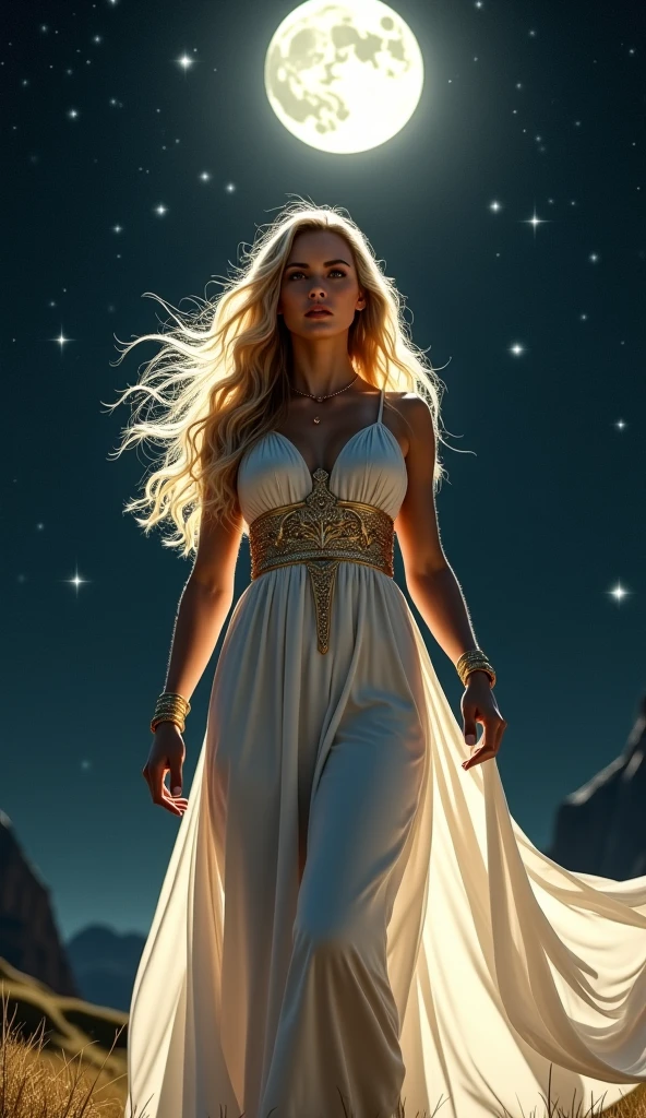 The greek star goddess with blond hair and blue eyes is、Fair-skinned, bright and playful、She was smiling happily.、{(long to:1.3)、loose、(A black:1.3)、greek toga}Wear、Golden Circlet、Shining starry sky、Breathtaking southern European night sky、Greek mythology、mysterious atmosphere, ultra-quality、Superhand Description、nffsw、Photorealsitic、ultra-detailliert、​masterpiece、8K