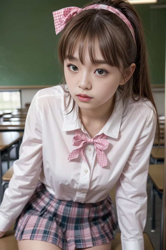 ( top quality , masterpiece, 16k,  ultra details,  Beautiful skin,   Professional Lighting )
 girl ,、｛( school uniform,Dress shirt with bow  、 pink gingham check mini skirt )}、( classroom ,,From an angle)