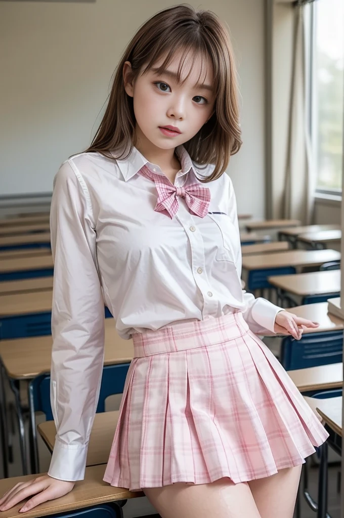 ( top quality , masterpiece, 16k,  ultra details,  Beautiful skin,   Professional Lighting )
 girl ,、｛( school uniform,Dress shirt with bow  、 pink gingham check mini skirt )}、( classroom ,Age 15,From an angle)