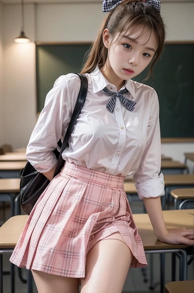 ( top quality , masterpiece, 16k,  ultra details,  Beautiful skin,   Professional Lighting )
 girl ,、｛( school uniform,Dress shirt with bow  、 pink gingham check mini skirt )}、( classroom ,,From an angle)