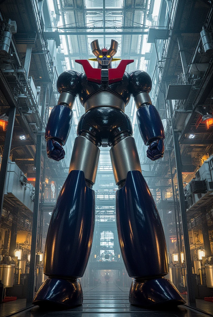 A very realistic giant version of the great hero Great Mazinger Z , Standing in a forward position at a height of 100 meters .  reactor equipment production line constructed with modern materials such as steel ,  Carbon Fiber ,  other industrial elements are also visible ,  just like the real thing ,  where high voltage current flows and emits light have been carefully recreated.  set in a modern industrial environment ,  the appearance of Mazinger Z standing around ,  illuminated by natural light 、 huge structures highlighted with realistic shadows . LED light lighting .  Installed at the Institute of Space and Space Sciences Chemical Repair Industry Production and Environmental Science Center  , Great Mazinger standing around  ,   illuminated by natural light て 、  a huge structure on the space development dock highlighted by realistic shadows . LED light factory 　