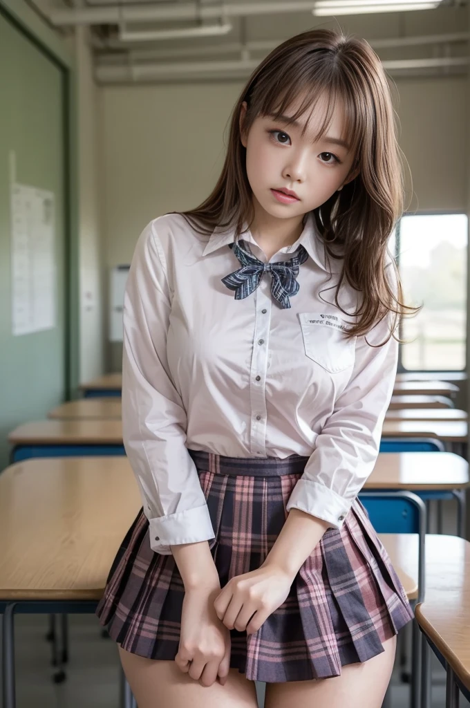 ( top quality , masterpiece, 16k,  ultra details,  Beautiful skin,   Professional Lighting )
 girl ,、｛( school uniform,Dress shirt with bow  、 pink gingham check mini skirt )}、( classroom ,,From an angle)