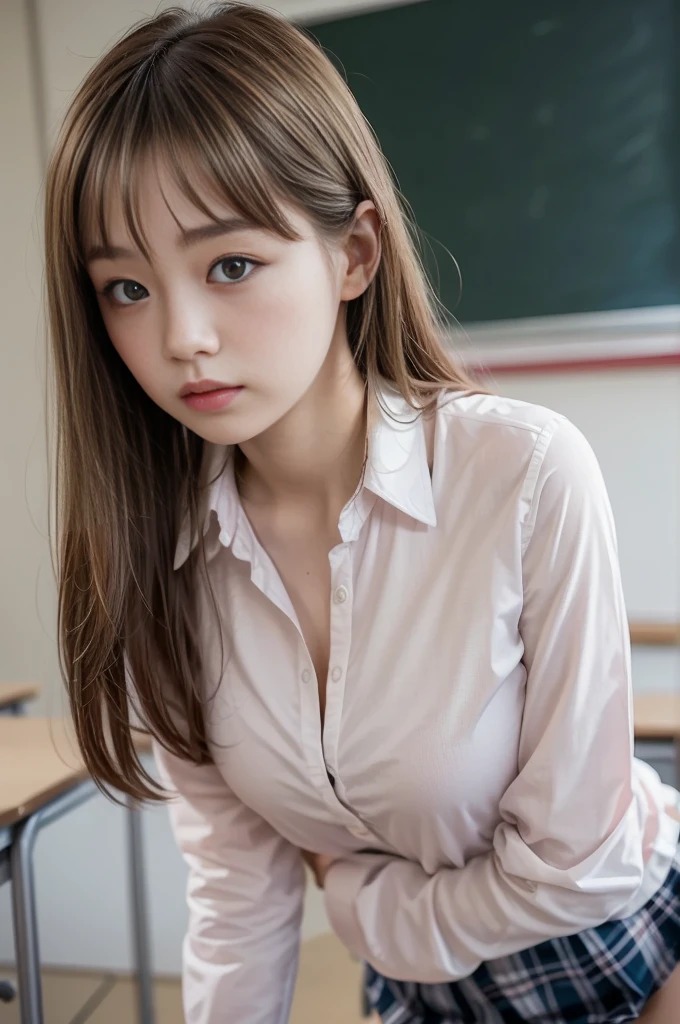 (best quality, masterpiece, 16k, ultra detailed, beautiful skin, professional lighting)
A girl,、｛(school uniform,Wearing dress shirt Ribbon 、pink checkered miniskirt )}、(classroom in high school,15-years-old,斜めから)