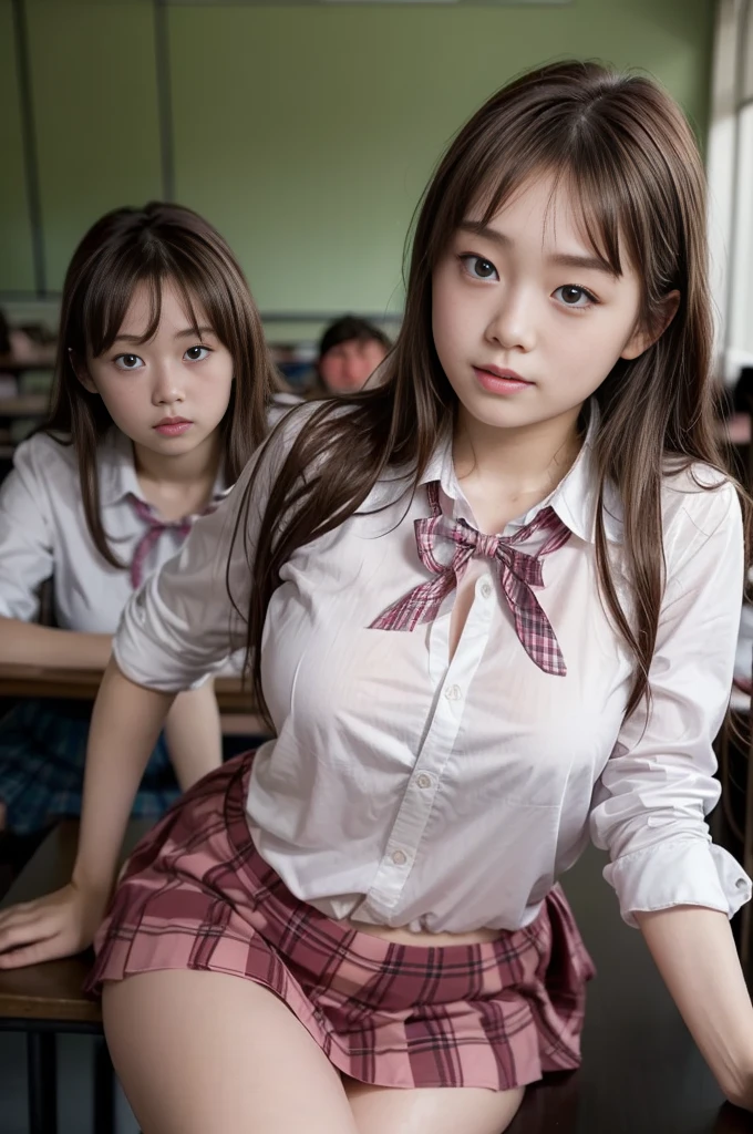 (best quality, masterpiece, 16k, ultra detailed, beautiful skin, professional lighting)
A girl,、｛(school uniform,Wearing dress shirt Ribbon 、pink checkered miniskirt )}、(classroom in high school,15-years-old,斜めから)