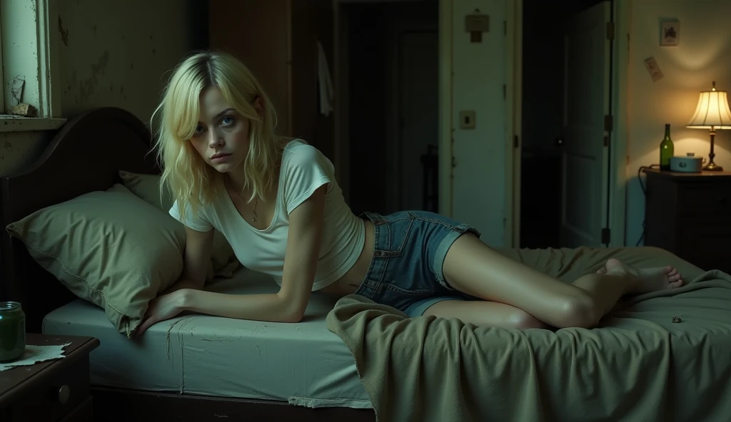 Realistic, side view of a frail, drug-addicted young blonde woman, resembling Emma Stone, with a large interpupillary distance. She sleeps on an unkempt bed in a dimly lit, dirty room, wearing an old, oversized white T-shirt. The bed features mismatched, rumpled sheets and a thin, worn blanket. The room is filled with clutter, including empty bottles, crumpled papers, and discarded items scattered across the floor. A dim lamp on a small, messy table casts a weak glow, highlighting the grime on the walls and the suffocating, neglected atmosphere