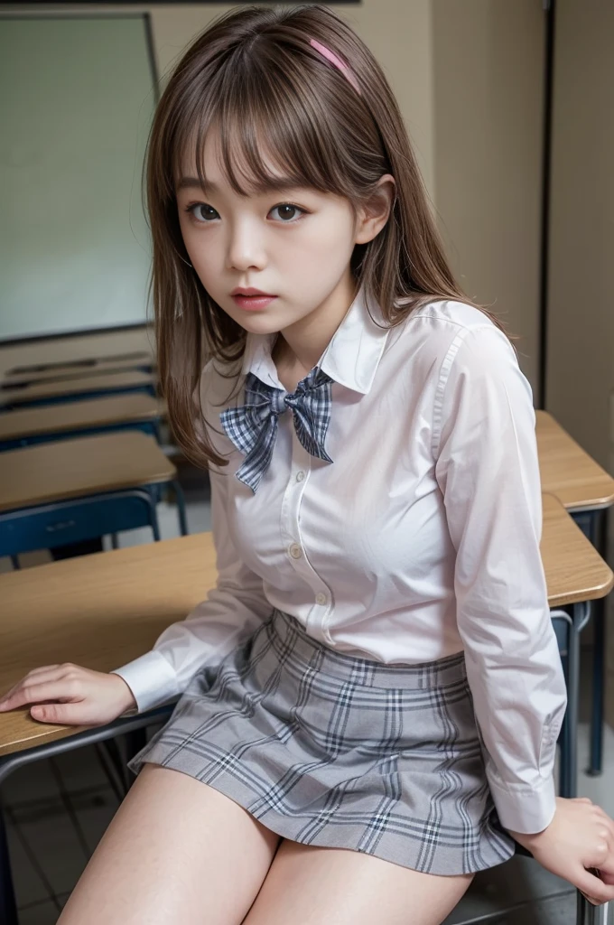 ( top quality , masterpiece, 16k,  ultra details,  Beautiful skin,   Professional Lighting )
 girl ,、｛( school uniform,Dress shirt with bow  、 pink gingham check mini skirt )}、( classroom ,Age 15,From an angle)