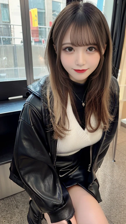 masterpiece, best quality, (best aesthetic, 16K:1.1), (hyper realistic:1.3), (ultra high res, finely detailed:1.4), (correct anatomy:1.5), pov, outdoor, noon, city, alley, 1 girl, solo, Japanese teen, 16 years old, ((full body:1.2)), looking at viewer, black hair, (ponytail:1.4), detailed skin, dark eyes, (narrow eyes:1.4), detailed nose, (tall nose:1.2), detailed lips, lipstick, (light smile:1.5), walking, (skinny:1.1), (beautiful breast:1.2), (tall:1.3), ((black coat:1.4)), ((red sweater, wedgie sweater:1.3)), ((mini skirt, black skirt, boots:1.5))
