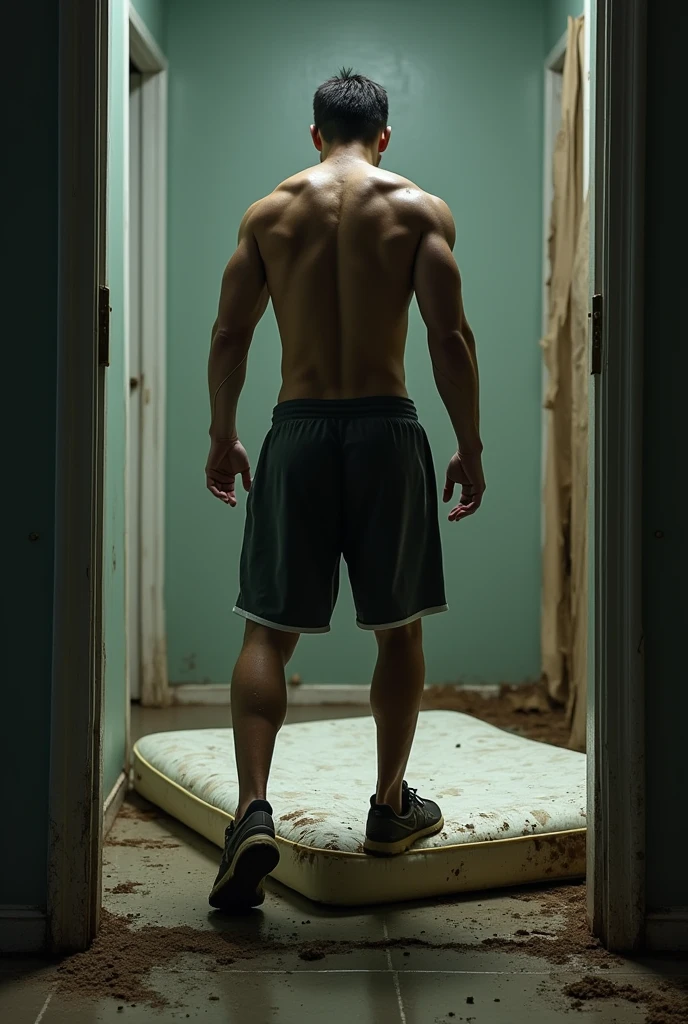 in a cinematic form i would like you to create a full body man with rugged looks and beard with tattoos and is leaning in the shower with his arms on the tiles he should have dark hair and piercing blue eyes, wide angle shot zoomed out