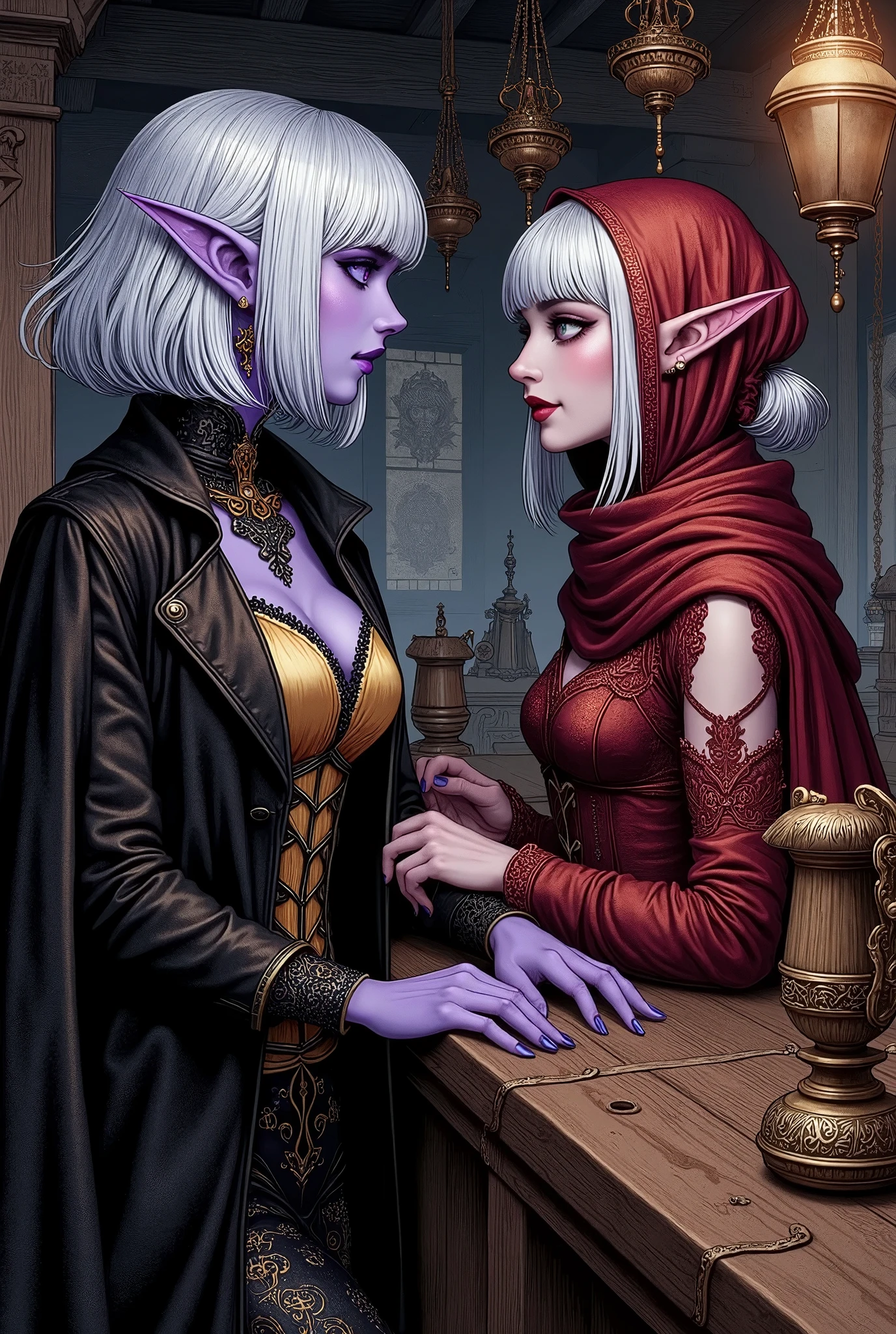 (Ultra-detailed face, Looking away, Fantasy Illustration with Gothic, Ukiyo-e. Dark tone colors.), BREAK 
(A female dark elf investigator is having a secret conversation with a female bartender over the counter bar of a dimly lit medieval Northern European Romanesque tavern, face to face with the female bartender, alert to the area. The female bartender places a gold talisman on the counter and smiles.), BREAK 
(The agent woman has pure white hair and eyebrows, blunt bangs, waist-length wispy hair, lavender eyes, small pink lips, dark purple skin, and dark, thick eyeliner.), BREAK 
(The investigator woman wears a black trench coat of antique design over a golden silk camisole and shiny black high heels.), BREAK 
(The bartender woman has honey-colored hair and eyebrows, her hair pulled back in a chignon at the back of her head, lime green eyes, small crimson lips, wheat-colored skin, and dark, thick eyeliner.), BREAK 
(The bartender woman wears a scarf with a silk horse shoe design as a veil, a dark red silk corset dress, and orange mules.)