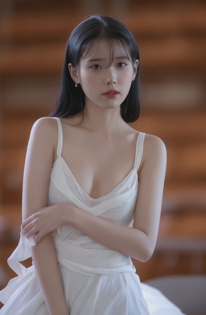 best qualtiy，tmasterpiece，超高分辨率，（realisticlying：1.4），1个Giant Breast Girl，A pair of pure apricot eyes，looking at viewert，Raised sexy，（on cheongsam：1.2），（big cleavage breasts：1.3），（The upper part of the body：1.4）