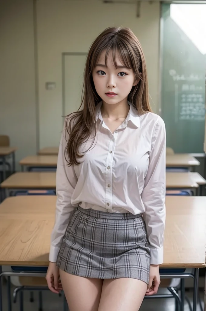 (best quality, masterpiece, 16k, ultra detailed, beautiful skin, professional lighting)
A girl,、｛(school uniform,Wearing dress shirt Ribbon 、pink checkered miniskirt )}、(classroom in high school,-yeld,斜めか