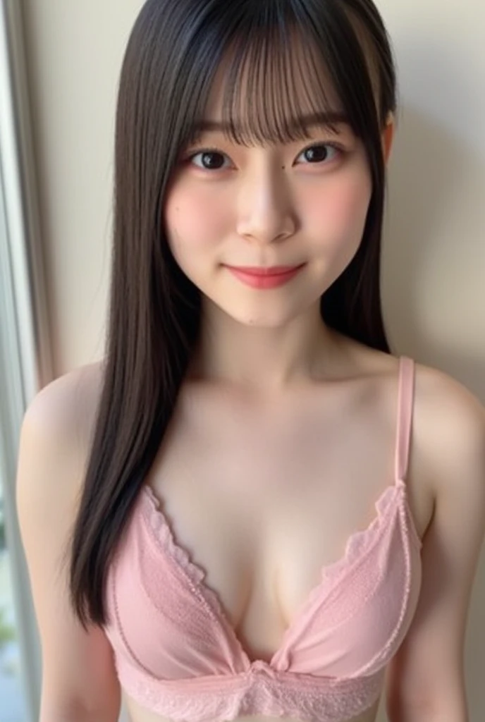 (((top-down configuration:1.4))), (best quality:1.4), (ultra highres:1.2), (photorealistic:1.4), (16k, RAW photo:1.2), (portrait shot:1.3), professional lighting, Japanese goddess, gravure, detailed face and skin texture, detailed eyes, looking at camera, nsfw, beautiful eyes, detailed eyes, beautiful face, detailed face, ((smile:1.3)), (highest quality), glowing skin, (smooth lighting:1.2), (cinema lighting:1.2), (brown long hair), (bangs:1.4), ((pink lingerie:1.3)), (pink bra:1.3), (pink lace bra:1.3), cleavage, ((flat chest:1.5)), (small breasts), navel, (pink lace pantie:1.4), (bare thighs:1.2), bare legs, stand, arms up, (emphasize armpit:1.4), (in the shiny house)