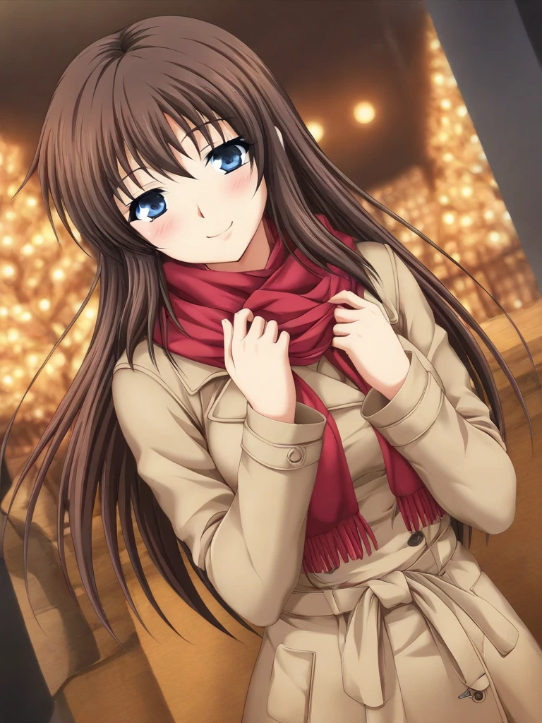 masterpiece, best quality, FujinoReika, 1girl, solo, brown hair, long hair, blue eyes, medium breasts, smile, happy, blush, Trench Coat and Scarf, Cute and warm clothes, cold winter night, cinematic angle,