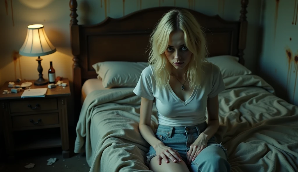 Realistic, side view of a frail, drug-addicted young blonde woman, resembling Emma Stone, with a large interpupillary distance. She sleeps on an unkempt bed in a dimly lit, dirty room, wearing an oversized, XXL white T-shirt. The bed is covered with mismatched, rumpled sheets and a thin, tattered blanket that barely covers her. The room is cluttered with trash—empty bottles, crumpled papers, and discarded clothes litter the floor. A dim lamp on a small, overcrowded table casts a faint light, accentuating the stains on the walls and the oppressive, neglected atmosphere