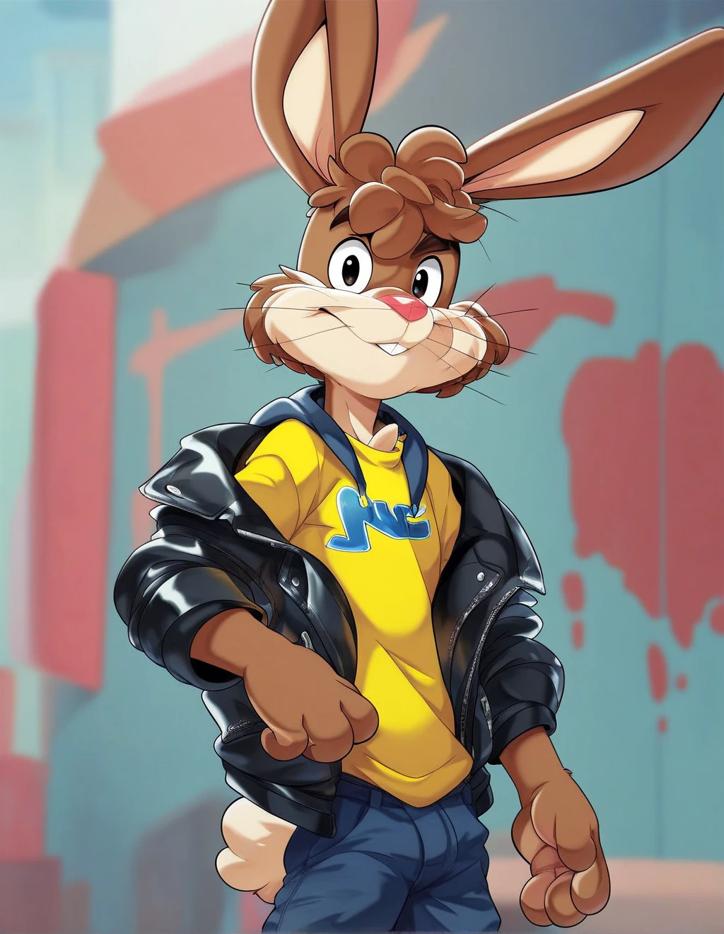 zPDXL3,quicky,4 fingers,brown fur,pants, yellow shirt, black leather greaser jacket, standing, young, 20 years old, furry, rabbit, male, handsome, slim,solo,looking_at_viewer,