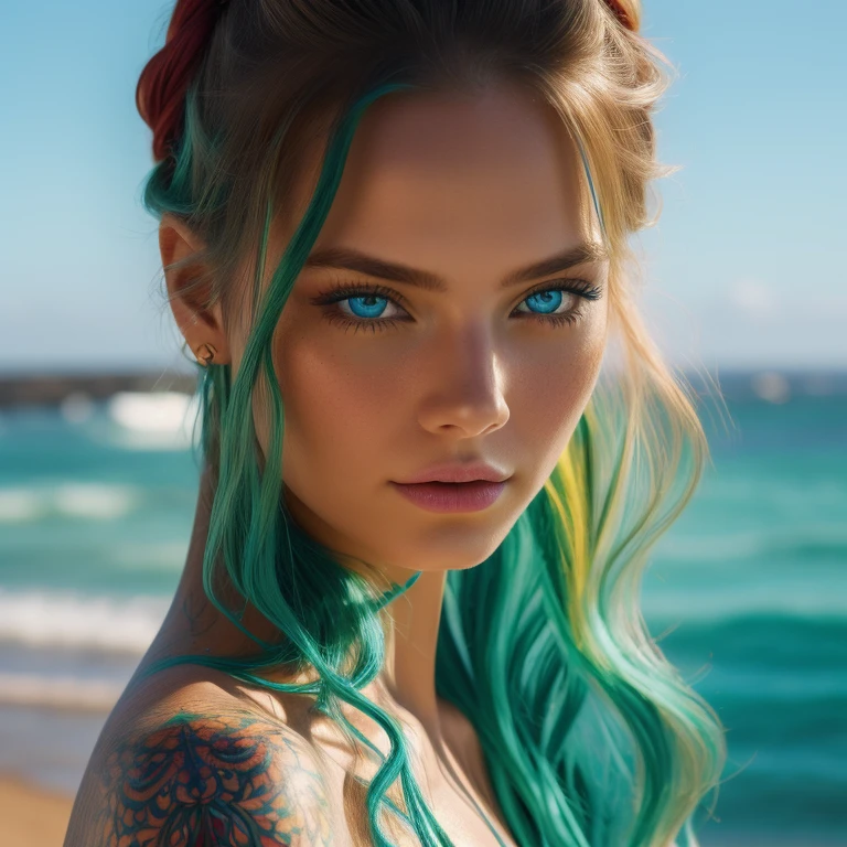 "A hyper-realistic digital portrait of a young woman with colorful, detailed fractal shapes painted or tattooed on her body. Her serene expression emphasizes her vivid, naturally blue eyes, and her bright, full, red lips. She has long blonde hair tied up in a bun, her hair down with loose curls framing her face naturally. The glossy porcelain material fractal shapes are highly detailed and vibrant, with bright red, blue, yellow, and green hues, carefully arranged like an organic piece of art. The soft, white background complements the colorful fractal shapes and her natural beauty. The lighting is soft and diffused, highlighting the realistic texture of her skin and adding depth. The overall style blends photorealism and fantasy, with an artistic, dreamlike quality. High definition, ultra-detailed and smooth lines, perfect skin texture, award-winning art, fantasy realism style."