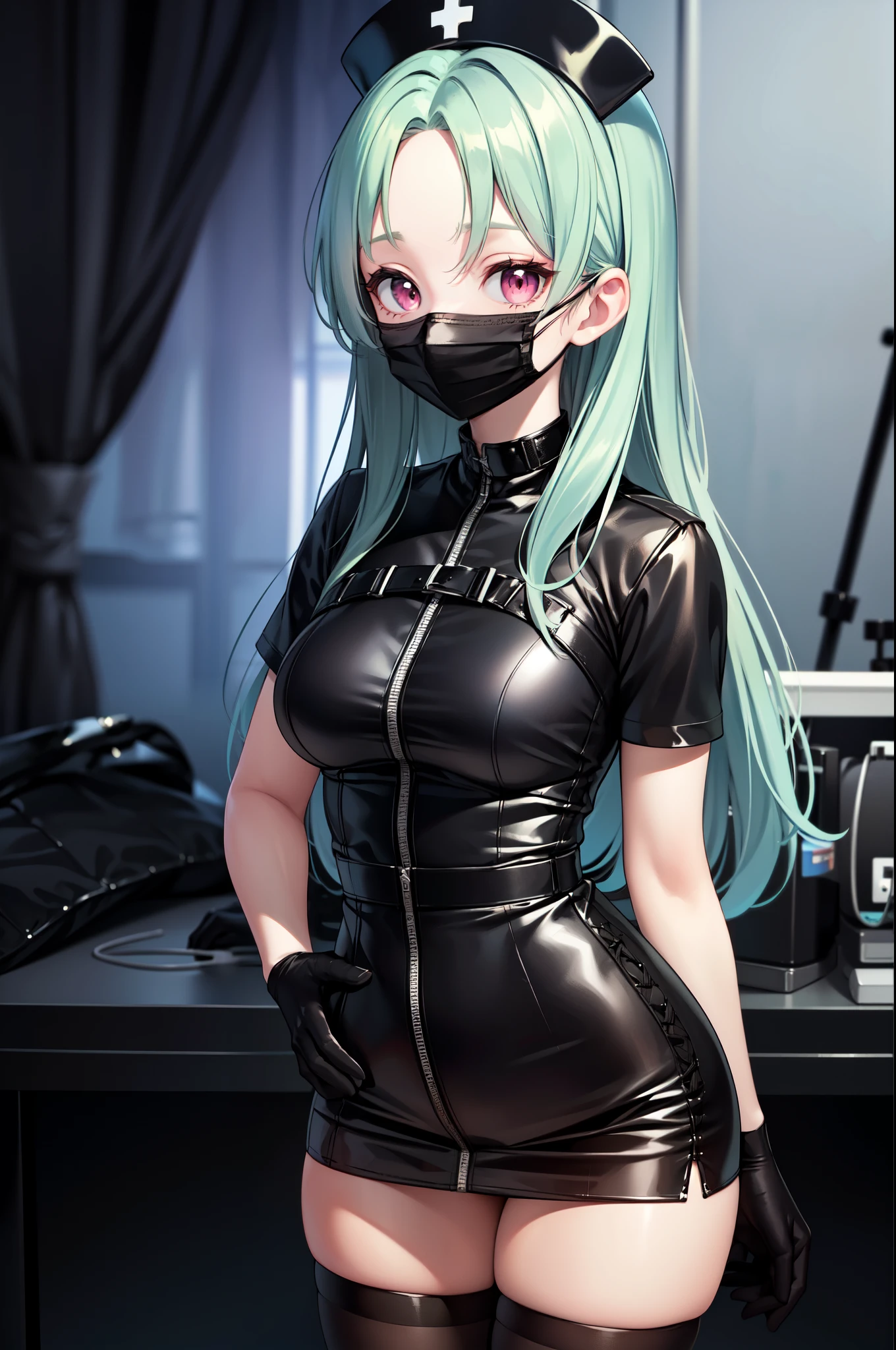 black nurse, 1woman, solo, black nurse cap, black nurse uniform, ((black legwear, zettai ryouiki)), black elbow gloves, forehead, long hair, green hair, pink eyes, ((black surgical mask, covered nose)), standing, ((surgery room)), sharp outline, short sleeves, mature female, 35 years old, best quality, masterpiece