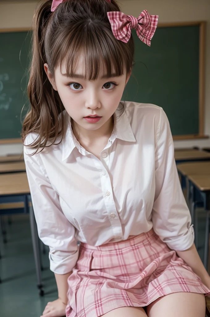 ( top quality , masterpiece, 16k,  ultra details,  Beautiful skin,   Professional Lighting )
 girl ,、｛( school uniform,Dress shirt with bow  、 pink gingham check mini skirt )}、( classroom ,******,From an angle)