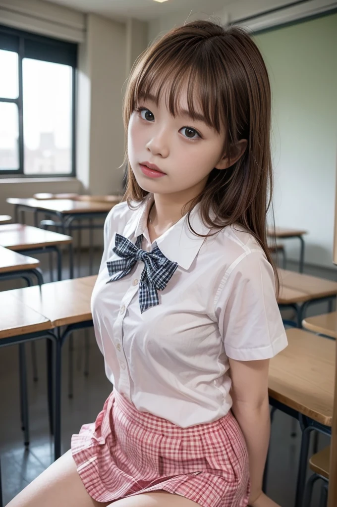 ( top quality , masterpiece, 16k,  ultra details,  Beautiful skin,   Professional Lighting )
 girl ,、｛( school uniform,Dress shirt with bow  、 pink gingham check mini skirt )}、( classroom ,******,From an angle)