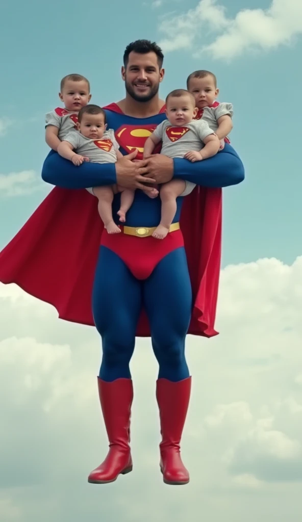 Superman is flying.Superman face.Holding 4 baby in your arms Superman and his 5 baby  sitting in carpet and his 4 baby  wear same super man custom no blur. Superman Holding 4 baby Flying on the sky.a buff man in a superman costume (think movie version of Superman-black undercut, blue tights and red cape and red boots and red briefs) Looking at the camera from the front .Niock Bosa face