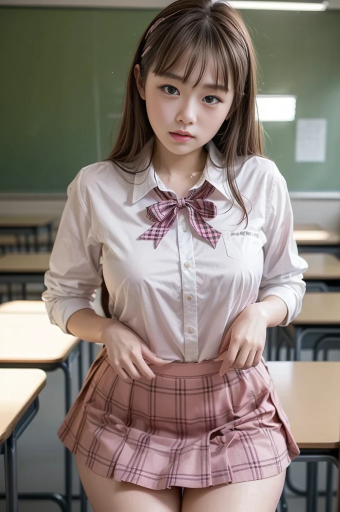 (best quality, masterpiece, 16k, ultra detailed, beautiful skin, professional lighting)
A girl,、｛(school uniform,Wearing dress shirt Ribbon 、pink checkered miniskirt )}、(classroom in high school,15-years-old,斜めから)