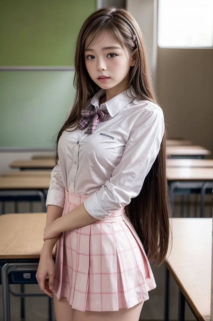 (best quality, masterpiece, 16k, ultra detailed, beautiful skin, professional lighting)
A girl,、｛(school uniform,Wearing dress shirt Ribbon 、pink checkered miniskirt )}、(classroom in high school,-yeld,斜めか