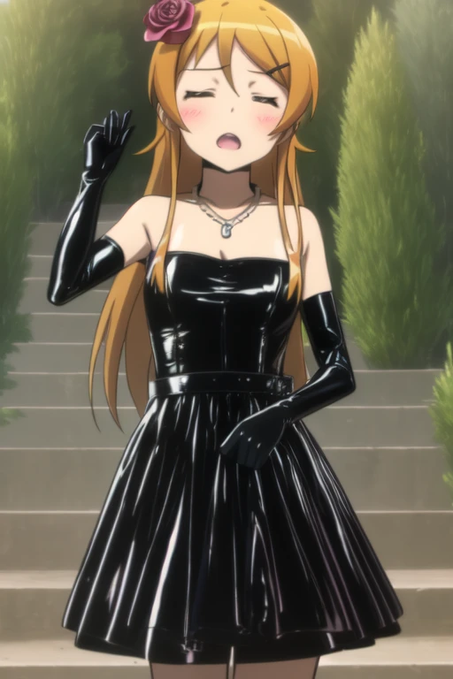 kousaka kirino , 
 1girl, One,  long hair,  style to blush,  open mouth ,  blond hair ,  brown hair,  hair ornament , gloves,  dress ,  bare shoulders are visible,  jewelry ,  open eyes,  flower, black latex gloves, hair flower, necklace,  orange hair ,  alternative hairstyle , rose, strapless  dress , stairs, black latex short dress,  dress , hair up, 8 k,  masterpiece fails, absurdres , anime,