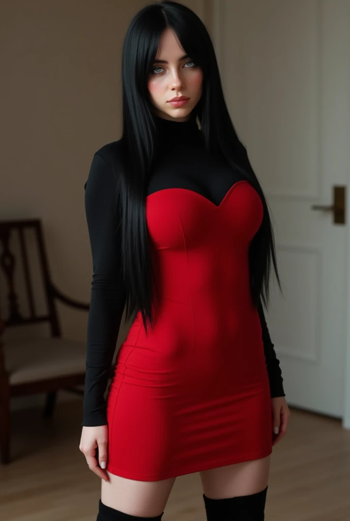 A captivating woman cosplaying Sabrina, the Psychic-type Gym Leader from Pokémon, showcasing her enigmatic and commanding presence. She has fair skin and piercing light green eyes that enhance the character's mysterious allure. Her long, straight black hair is styled sleekly, perfectly replicating Sabrina's iconic look. Her makeup is minimal but effective, with soft eyeliner, mascara, and a nude lipstick to emphasize her sharp, confident expression.

She wears Sabrina's classic outfit: a form-fitting red dress with long sleeves, accentuated by a sleek black turtleneck underneath. Her look is completed with thigh-high black boots, giving the ensemble a modern, stylish edge.The setting is a minimalist indoor environment, resembling a room with muted tones and a simple chair in the background. The lighting is soft and focused, casting subtle shadows to enhance the atmosphere of mystery.

Her pose is dynamic and commanding, standing tall with a confident gaze directed at the camera. The overall composition evokes a sense of power and mystery, perfectly embodying Sabrina's iconic personality as a Gym Leader.