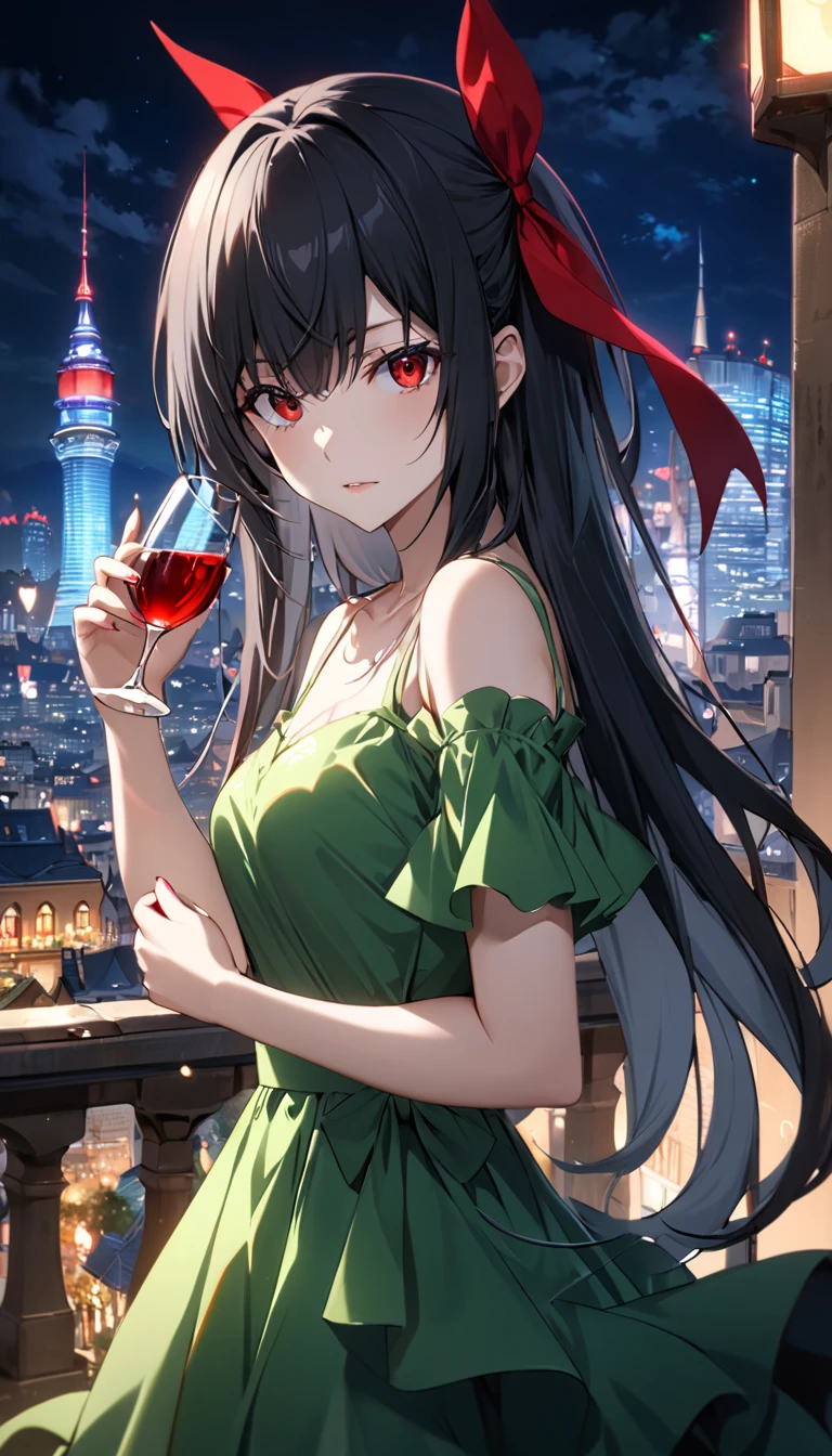  high definition ,  masterpieces , precise,  Best Quality ,  high detail, โมเดล high definition ,  Background Converter,  night view of the city,  Green Dress from TenSura Series - Tensei Shitara Slime Datta Ken, Luminous Valentine, Long hair, Gray hair, (  blue eyes:1.2),  red-eyed( red-eyed:1.2), Black pupil,  redhead,  medium chest, Put on a dress, Holding a glass of wine, As a vampire , Black hair ribbon 