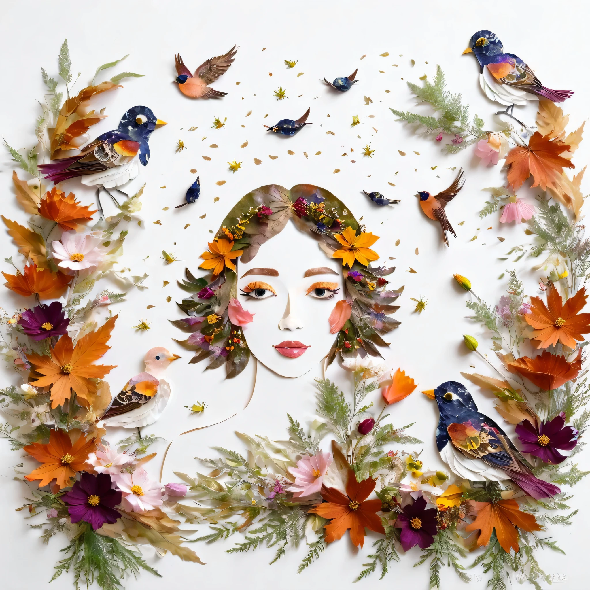 Artisanat de feuilles d'automne, Fille faite de fleurs et d'oiseaux, cosmos、oiseau、 portrait, fond blanc、