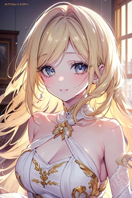 1 girl, solo, pretty, Light blonde hair, wearing evening gown, curly hair, long hair, seductive, attractive