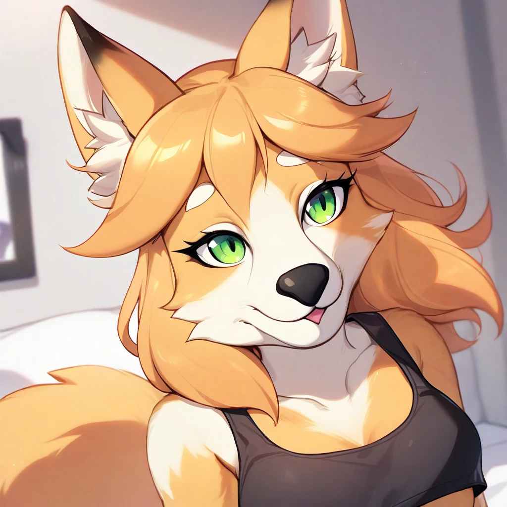 bedroom,crop top, Liz, fox girl, yellow fur, white countershading, green eyes, fox ears, animal nose, fox nose, black nose, fox tail, short snout, snout, black ear tips, fox anthro, furry female, furry, orange long_hair, eyelashes, black stripes on the cheeks