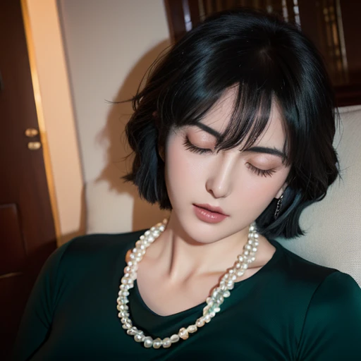 fubuki,,fubuki (One Punch Man),女性one person、one person、one person女子、beautiful face、1 girl、big breasts、elegant adult woman、beautiful woman、big breasts、Dark green long dress、long sleeve、pearl necklace、sleeping face、sleep、On your back