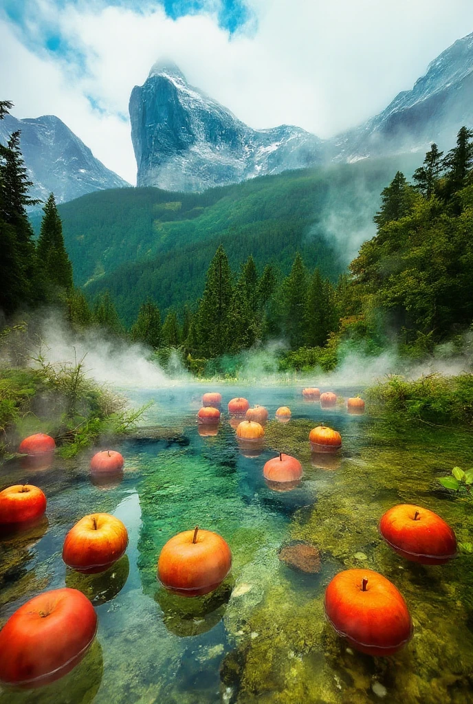  high image quality　 real　 Scenery　No model 　 hot springs with floating apples　