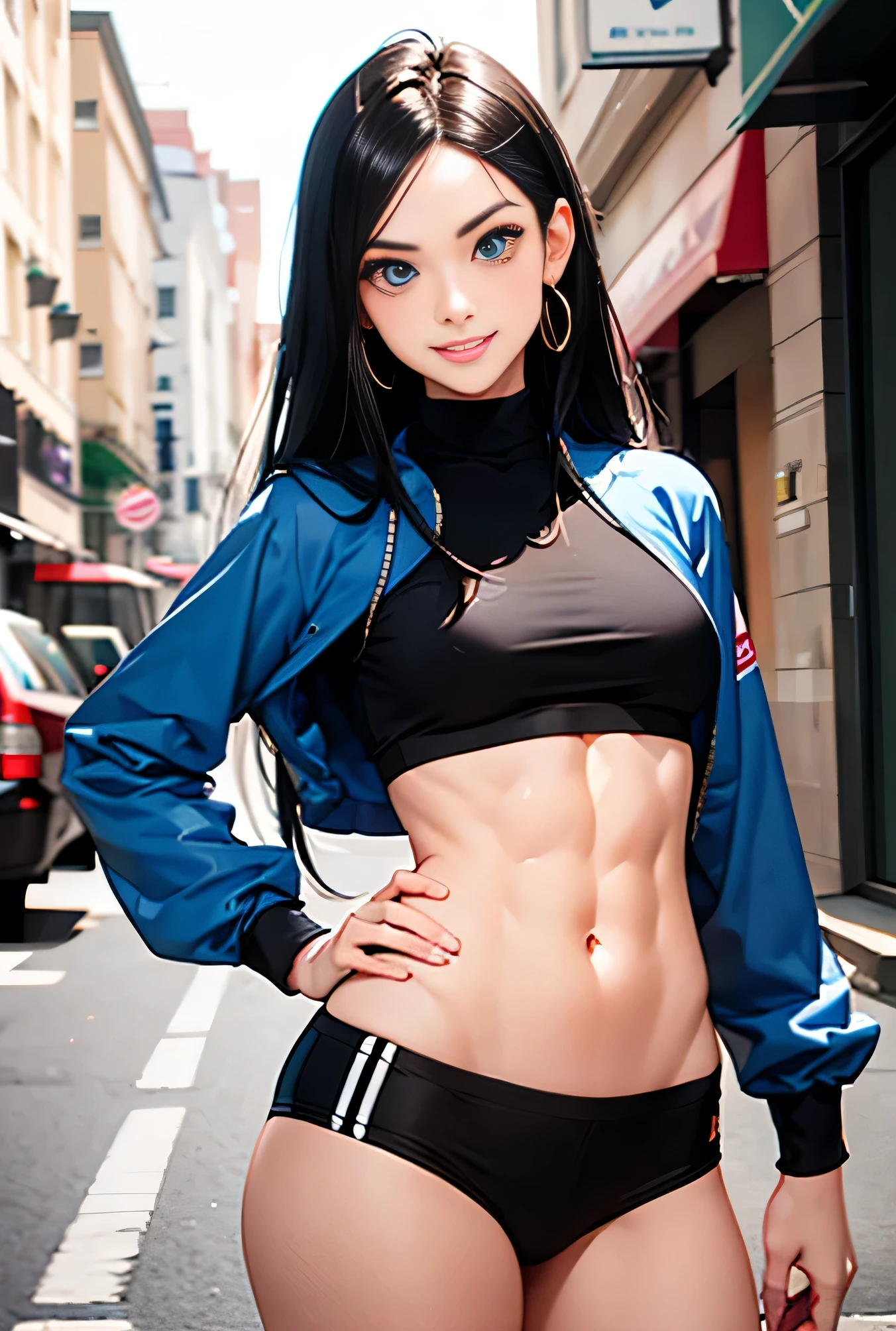 25-year-old woman、Nico robin, black long straighthair, blue eyes,long,smile、My abs are cracked、smile、slim and grammar body、I don't want my head to disappear from the screen.、I'm wearing a jacket、wearing a tie-front shirt、She's wearing a low-rise blooming skirt,I'm wearing black stockings、I'm wearing sports shoes, I'm in a classroom at a French school,sitting in a chair、smile