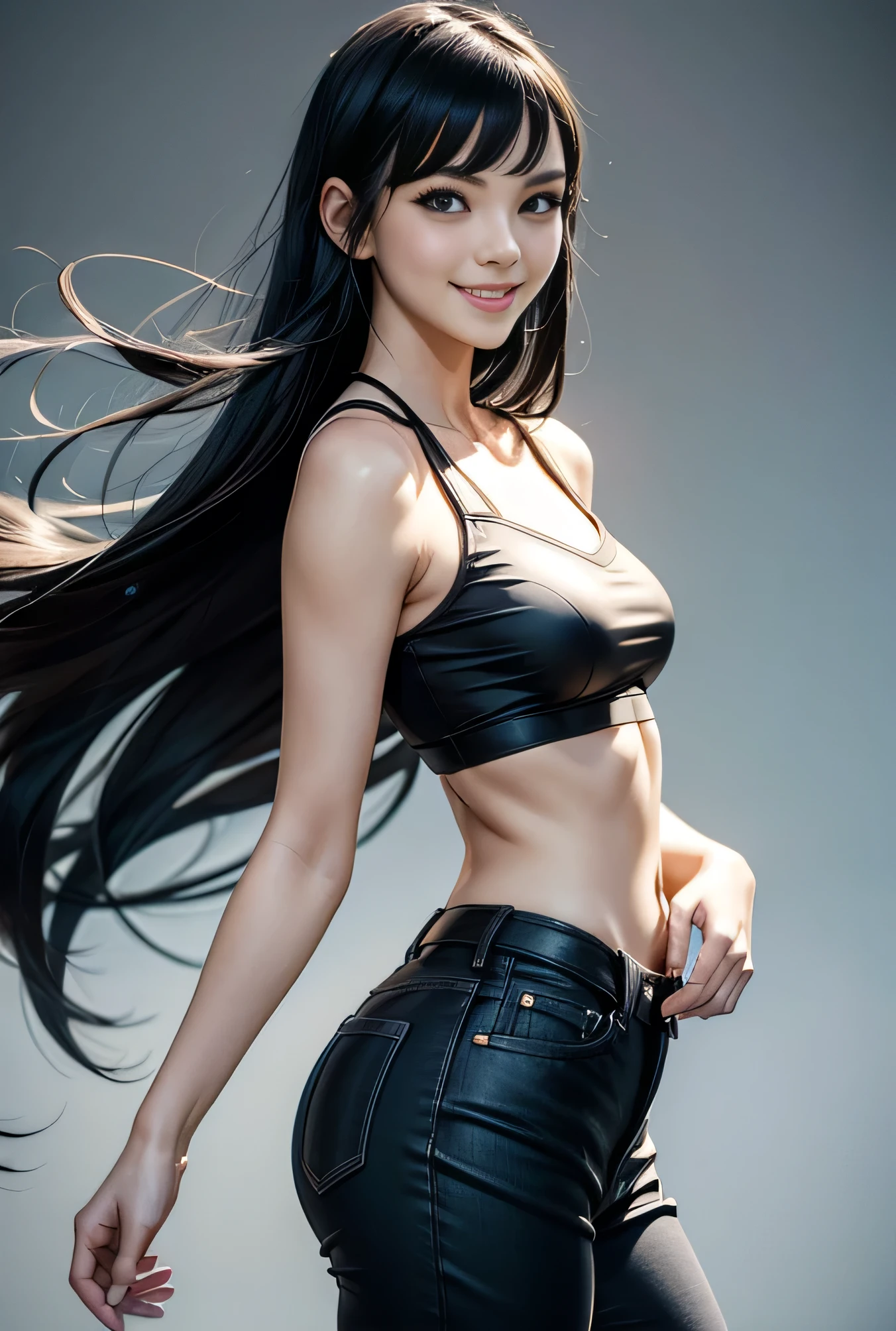 25-year-old woman、Nico robin, black long straighthair, blue eyes,long,smile、smile、slim and grammar body、I don&#39;t want my head to disappear from the screen　I'm wearing a jacket、wearing a tie-front shirt,She&#39;s wearing a low-rise blooming skirt,I'm wearing black stockings、I'm wearing sports shoes, I&#39;m in a classroom at a French school,sitting in a chair、smile
